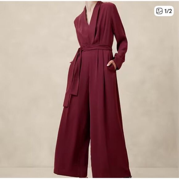 Banana Republic Crepe Jumpsuit Large Burgundy, Deep V-Neck Long Sleeve Wide Leg - Picture 1 of 8
